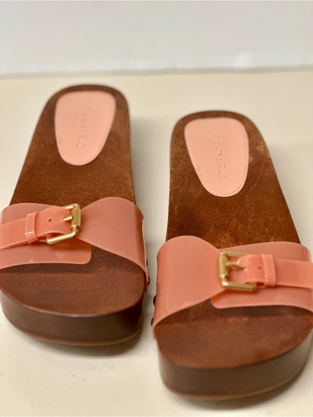 FARM Rio Coral-Peach Slide Sandals with Gold Buckles